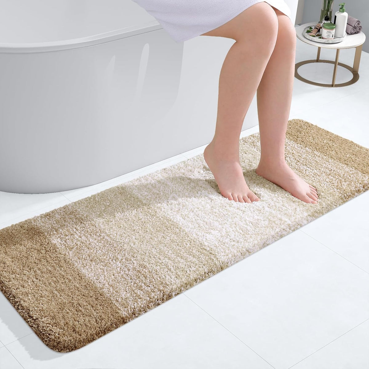 OLANLY Bathroom Runner Rugs 47x17, Extra Soft Absorbent Microfiber Bath Rugs, Rubber Backing, Quick Dry, Machine Washable Bath Mats for Bathroom Floor, Tub and Shower, Home Decor Accessories, Tan