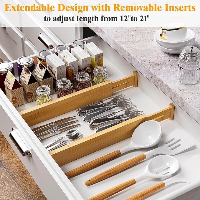 Bamboo Drawer Dividers,12-21" Adjustable Drawer Organizers for Clothes,Expandable Dresser Separators in Kitchen/Bedroom/Bathroom/Vanity/Office Organization and Storage,4-Pack