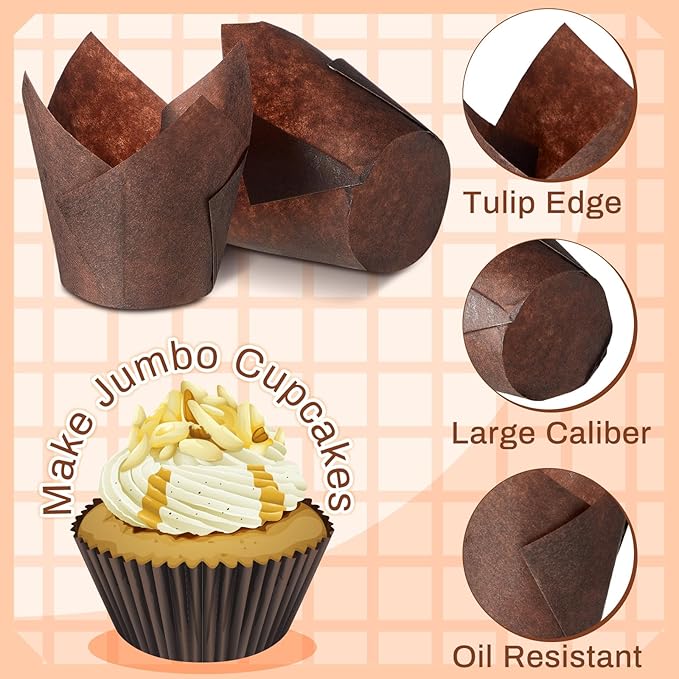 Motiskyy 300 Pcs Jumbo Muffin Liners for Baking 2-1/4" x 4" Large Tulip Cupcake Liners Greaseproof Cupcake Wrapper Paper for Weddings Birthday Christmas Anniversaries Party (Brown)