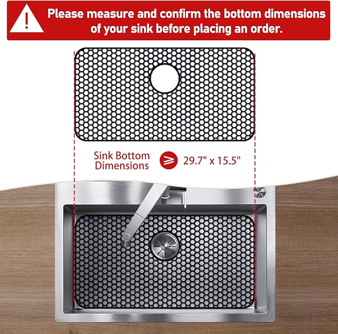 Bestjing Silicone Sink Protectors for Kitchen Sink with Rear Drain - 29.7"x 15.5" Kitchen Protector Accessory, Non-Slip Heat Resistan Mat for Bottom of Farmhouse Stainless Steel Porcelain (Black)