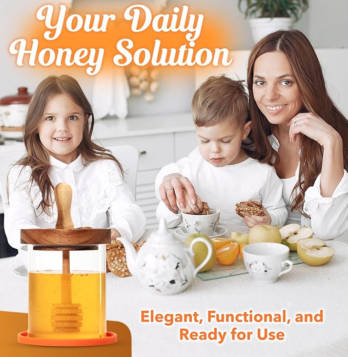 CLEVLI 12 oz Honey Pot Set with Silicone Mat, Airtight Wooden Lid, 2 Extra Dippers & Custom Gift Box | Glass Container Honey Jar for Honey & Syrup | Durable & Stylish Kitchenware Food Storage