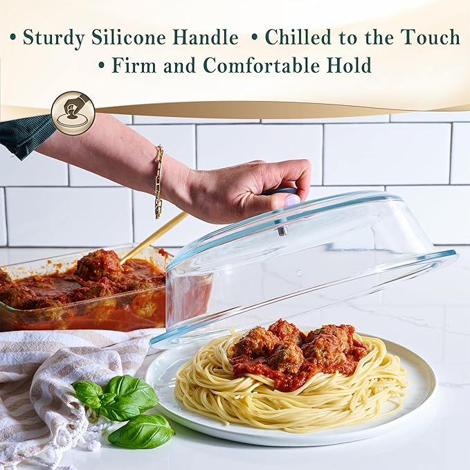 Le’raze Tall Glass Microwave Splatter Cover for Food - Cookware & Bakeware Serving Dish Cover, Plate Guard Lid with Easy Grip Silicone Handle Knob - 100% Food Grade BPA Free & Dishwasher Safe - 10in