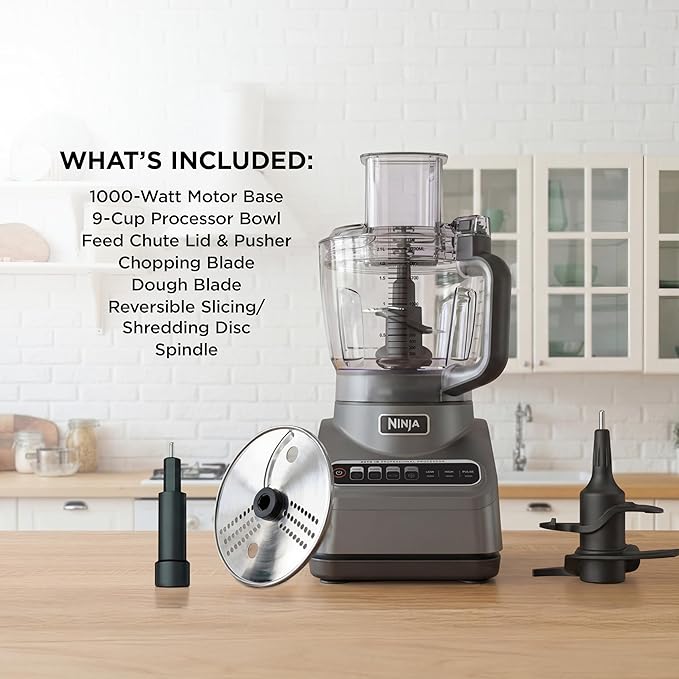 Ninja Food Processor, Professional Plus, 1000 Peak Watts, 4 Functions for Chopping, Slicing, Purees & Dough with 9-Cup Processor Bowl, 3 Blades, Food Chute & Pusher, Silver, BN601