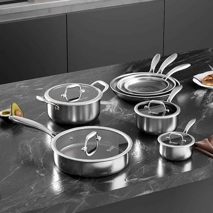 COOKER KING Stainless Steel Cookware Set, 11 Pcs Pots and Pans Set, Hybrid Ceramic Cookware,Non-Stick Frying Pans, Saucepans, Saute Pan & Stock Pot, Non-Toxic, Oven Safe, Induction Compatible
