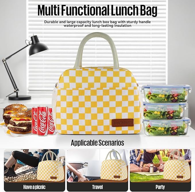 douyadady Lunch Bag Women/Men Lunch Box Women/Men (Yellow+White Checkerboard)