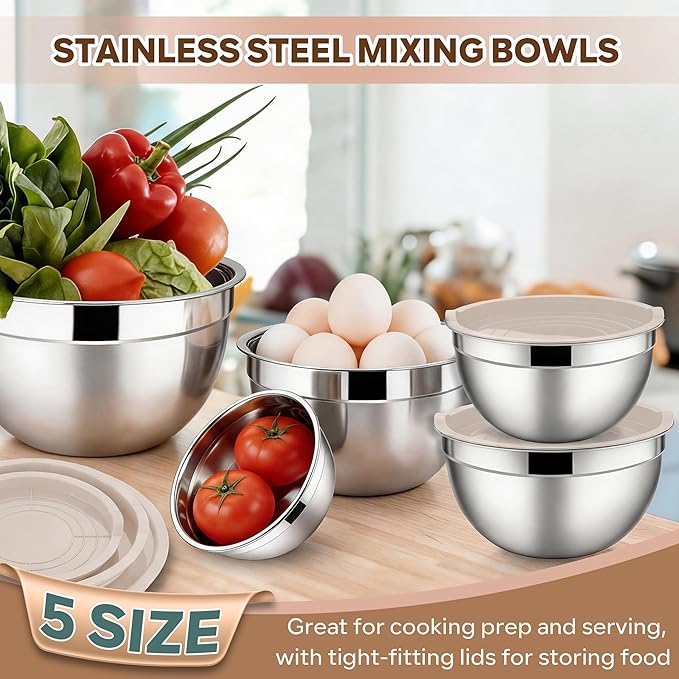 E-far Mixing Bowls With Lids Sets of 5, 10-Piece Stainless Steel Salad Metal Nesting Bowl for Baking Cooking and Prepping, Airtight Lid & Stackable Design, Size 4.6, 3, 2.1, 1.5, 0.7 QT, Khaki