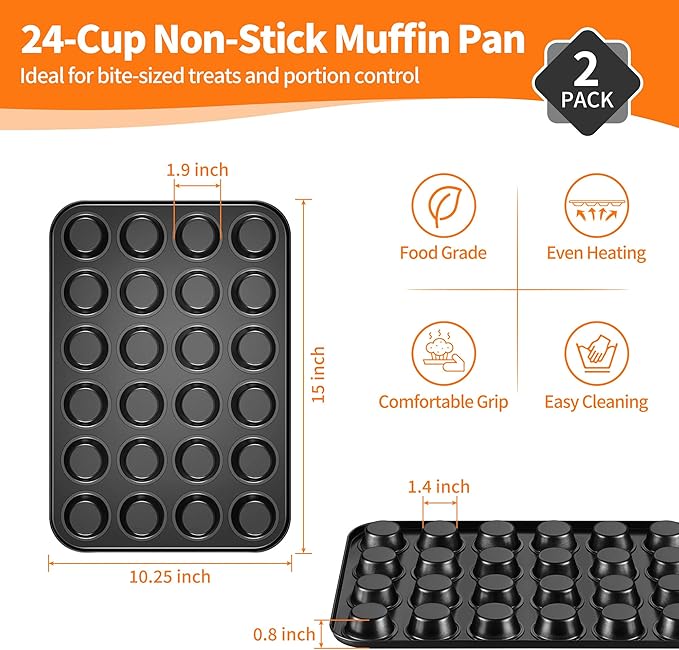 TeamFar 2 Pack Mini Muffin Pan, 24-Cup Non-Stick Carbon Steel Cupcake Tray Tin for Baking, Small Cup Cake Bakeware for Bite-Sized Cheesecake Tart Quiches, Even Baking & Effortless Release & Easy Clean