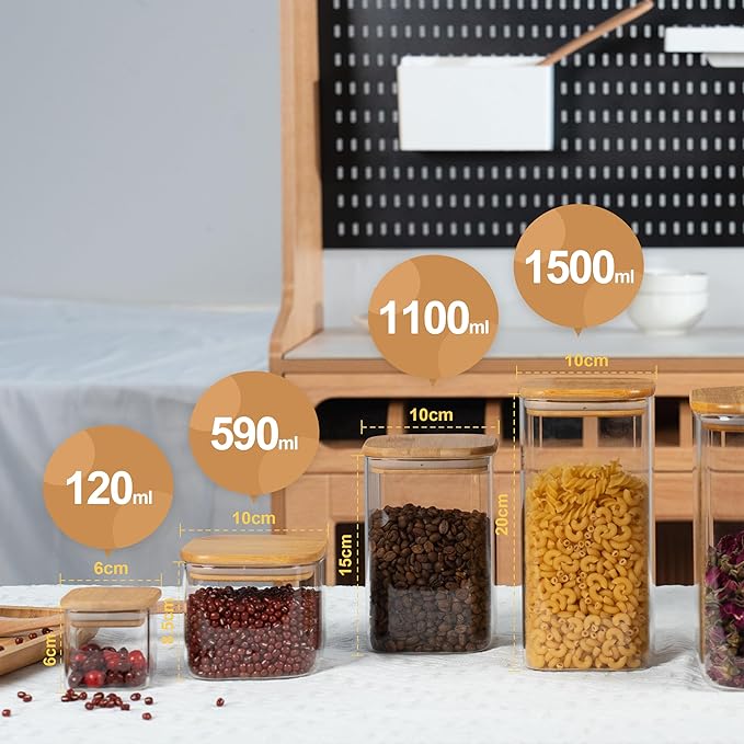 D2scrma 5oz Airtight Square Spice Containers with Bamboo Lid Set of 12 with Black Lables Storage Stackable Spice Jar, Kitchen Canister for Sugar, Tea, Flour, Salt and Seasonings (‎Clear Glass)