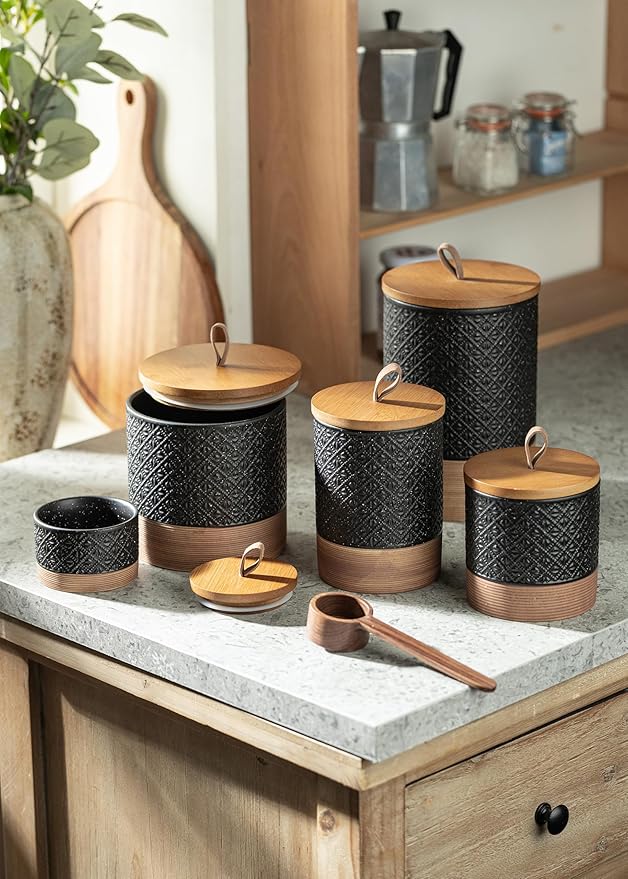 Miamolo Ceramic Jar with Lid, Airtight Coffee Container, Kitchen Food Storage Jar for Coffee Bean Spice Sugar Cookie, Stackable Decorative Jars for Housewarming Gift, Coffee Bar Decor, Black 28 fl.oz