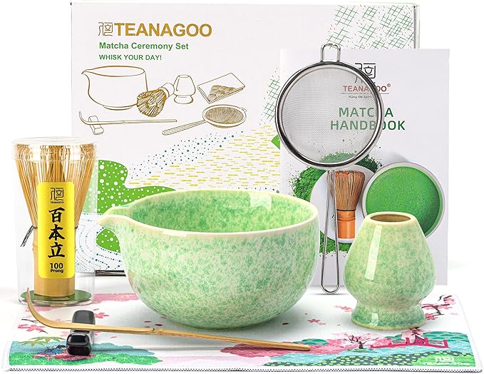 TEANAGOO Matcha Whisk Set,7 Pcs Matcha Set Green,Ceremony Matcha Kit,Matcha Tea Set for Making Latte,Ceramic Bowl(chawan) whith Spout and Whisk,Gift for Matcha Lovers