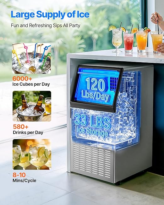 VEVOR Commercial Ice Maker Machine 120 lbs/24H, Under Counter Ice Maker with 33 lbs Storage Bin 45 Cubes in 8-10Mins, Stainless Steel &Freestanding Ice Machine with LED Display for Home Bar Cafe
