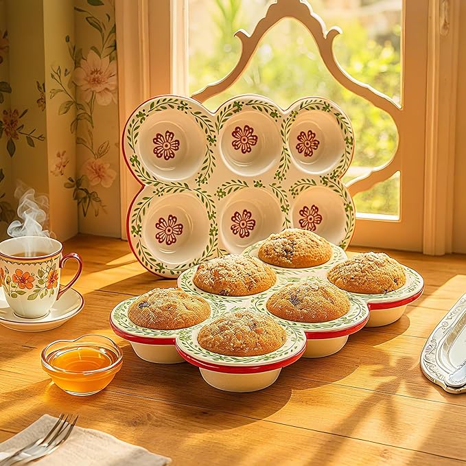 Hiceeden 2 Pack Ceramic Muffin Pans, 6 Cup Non-Stick Muffin Tin Cupcake Pan, Floral Baking Pans with Red Rim for Puddings, Muffins, Cakes, Quiches, Brownies