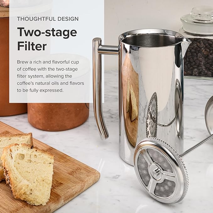 Frieling Double-Walled Stainless-Steel French Press Coffee Maker, Polished, 36 Ounces