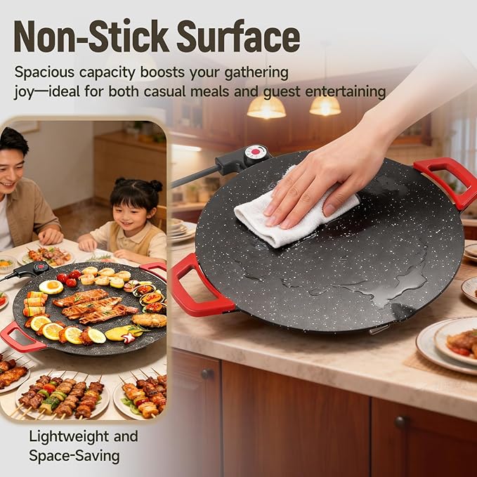 Non-Stick Electric Indoor Grill Pan, Large Round Electric Griddle & Smokeless Korean BBQ Grill Indoor - fast heating, portable, for burgers, pancakes & stovetop use (Large)