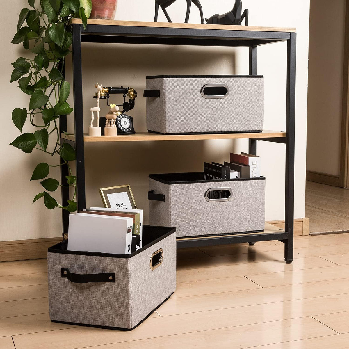 PRANDOM Fodable Storage Baskets for Closet [5-Pack] Decorative Fabric Storage Bins Cubes with Leather/Metal Handles for Shelves Bedroom Living Room Light Grey (11.5x8.5x6.7 Inch)