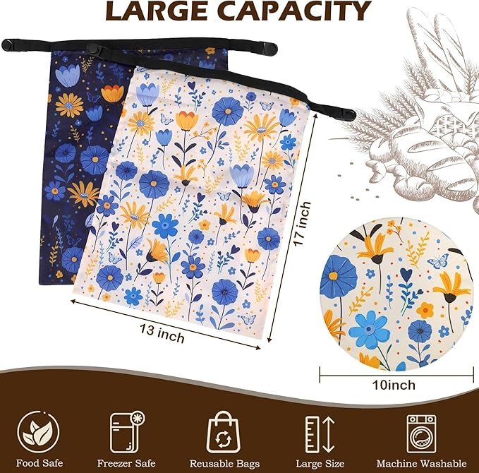2 Pack Reusable Bread Bags for Homemade Bread, 17"×13" Sourdough Bread Storage Bags with Bowl Cover - Keep Loaf Fresh and Easy to Wash(Blue-Yellow Floral)