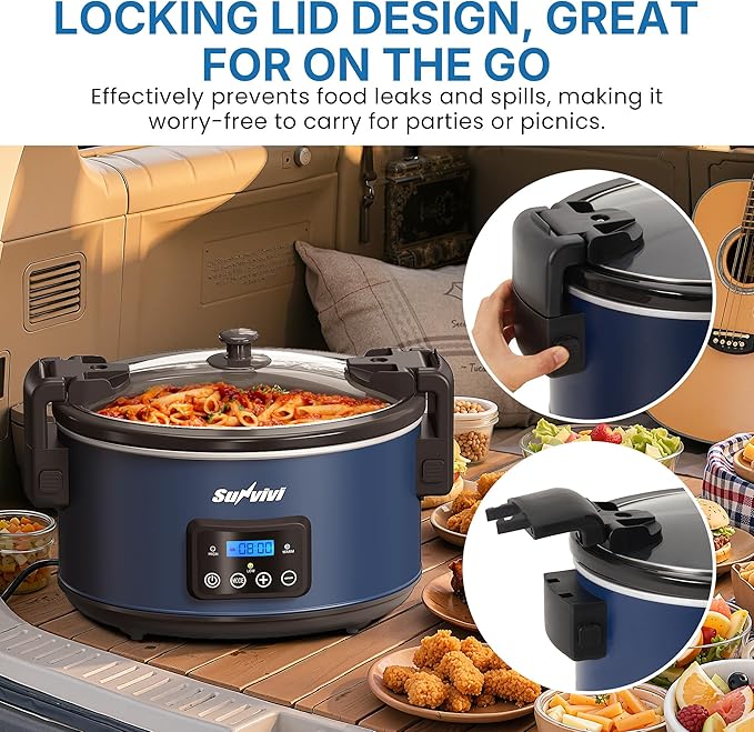 Programmable Slow Cooker with Locking Lid, Portable Multi-Cooker for Family and Gatherings, 8.5 QT Food Warmer with Adjustable Temp, Warmer with Digital Timer, Dishwasher-Safe, Blue