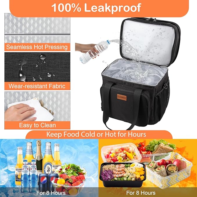 Expandable XLarge Lunch Box, Insulated Heavy Duty Lunch Bag Waterproof Leakproof Durable Cooler Bag for Men Women Adults Work Construction Camping Trip, 22L, Black, GLENKEY