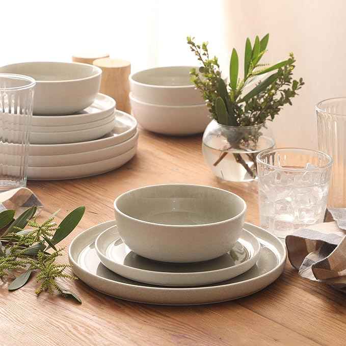 Gibson Elite Tahoe Sunset 12-Piece Reactive Stoneware Dinnerware Set – Matte Exterior & Shiny Interior Plates and Bowls, Durable Everyday Dish Set, Microwave & Dishwasher Safe - Grey
