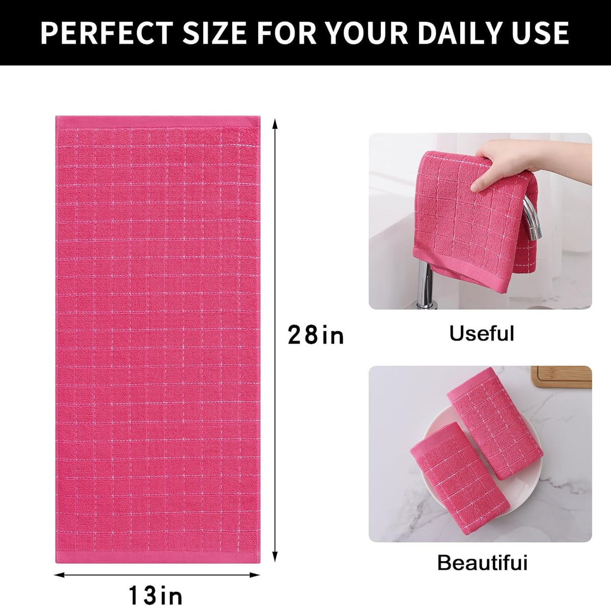 Homaxy 100% Cotton Terry Kitchen Towels(Rose Red, 13 x 28 inches), Checkered Designed, Soft and Super Absorbent Dish Towels, 4 Pack