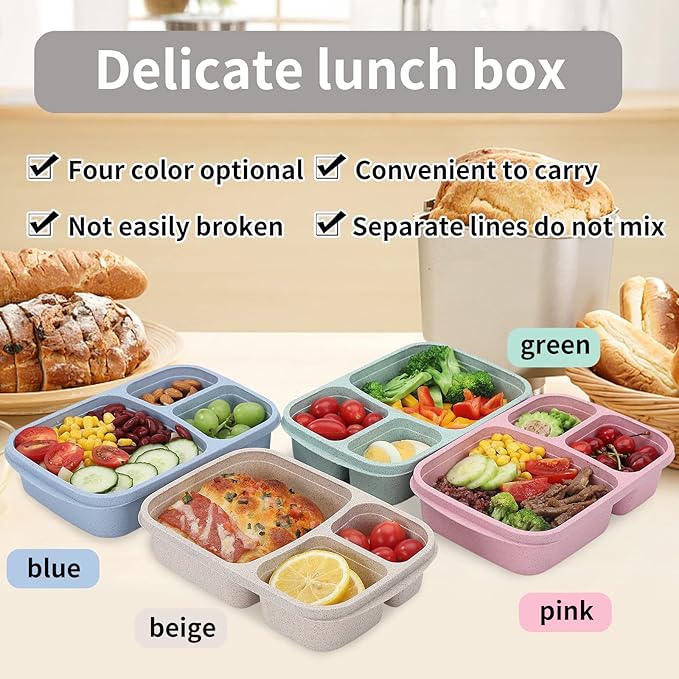 buluker 8 Pack Bento Lunch Box Set 3 Compartment Wheat Straw Meal Prep Food Storage Containers Plastic, Microwave and Dishwasher Safe(light colour)