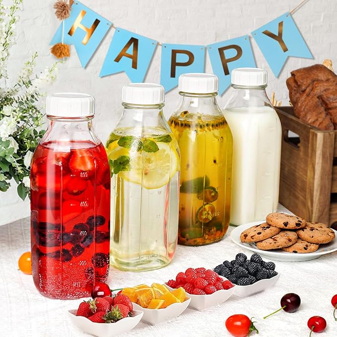 Syntic Square Liter Glass Milk Bottles with Airtight Lid - 100% Leak-Proof Heavy Duty Screw Cap, 32 Oz Glass Juice Bottles w Scale Mark, Reusable Jugs Pitcher for Homemade Juice(Extra 1 Lid and Pen)