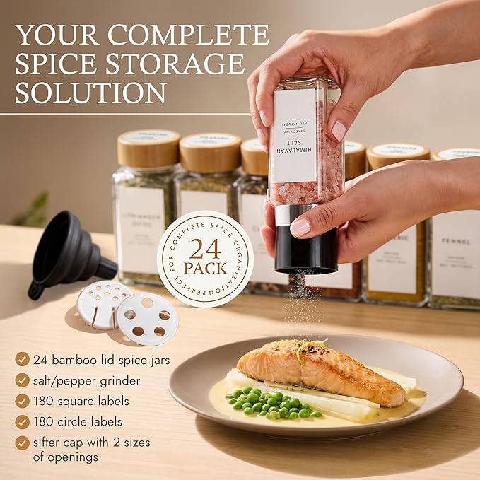 Glass Spice Jars with 360 Labels -24 pcs- 4oz- Spice Containers with Bamboo Lids -Shaker Lids- Pepper Grinder-Spice Organization for Cabinet-Drawer-Rack-Seasoning Organizer-Square bottles