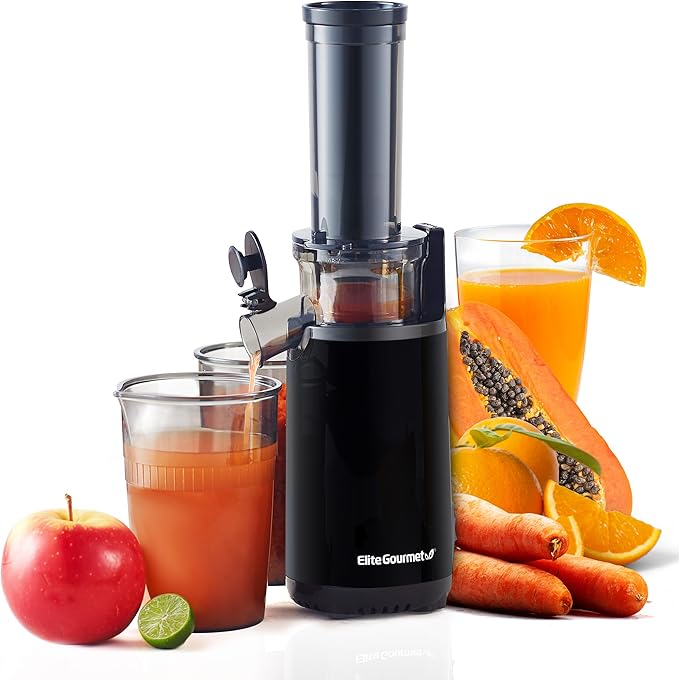 Elite Gourmet Compact Masticating Slow Juicer, Cold Press Juice Extractor, BPA-Free, with Electric Citrus Juicer, Pulp Control, 24oz