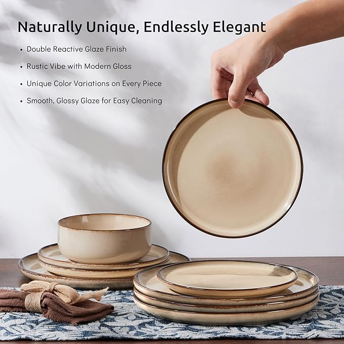 E-far 18-Piece Dinnerware Sets, Stoneware Plates and Bowls Set for 6, Reactive Glaze Dinning Ware Dishes, Microwave & Dishwasher Safe - Sandy Beige