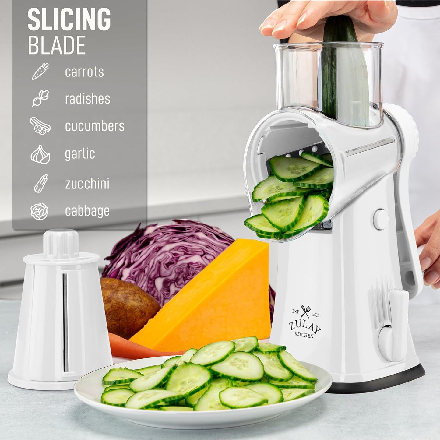 Zulay Kitchen Rotary Cheese Grater 5 Blade Cheese Shredder - Manual Hand Crank Cheese Grater With Reinforced Suction & 5 Interchangeable Drums - Easy to Use, Vegetable Chopper Round Mandoline Slicer