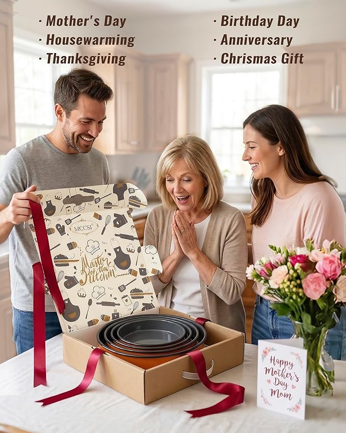 Round Enamel Roasting Pan Set Bakeware 4 Pack Cake Pizza Baking Dish 9/10/12/14 Inch Non-Stick Heat Resistance Chicken Roaster Oven Dishwasher Safe, Birthday Mother Day Gift Cookware