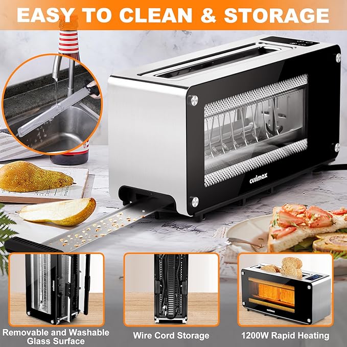 CUSIMAX Toaster 2 Slice Long Slot with Clear View Glass Window,One Touch Digital Control Presets with Automatic Lifting,Slide-out Glass Panel and Easy Clean Up Crumb Tray
