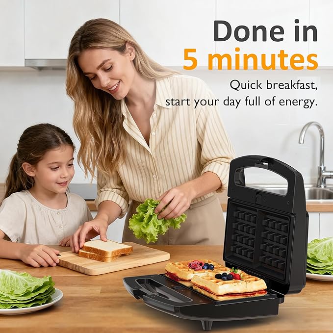 Sunvivi 3 in 1 Sandwich Maker, Electric Waffle Maker with Removable Non-stick Plates, 800W Panini Press Grill with Glass Top, Cool Touch Handle & Easy to Clean, Black