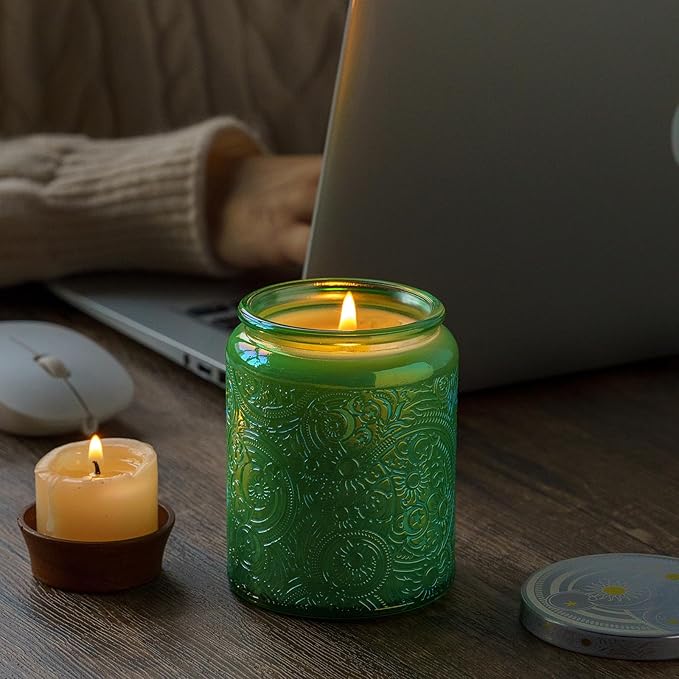 Art Secret 9-Pack 8oz Embossed Glass Candle Jars with Lids and Labels - Sun Moon Stars Design (Shining Green)
