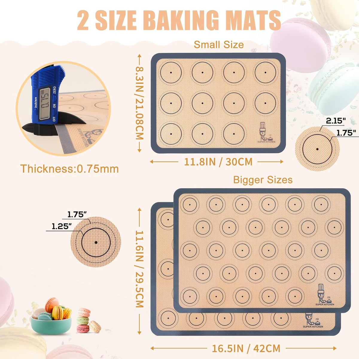 Silicone Baking Mat Macaron - Set of 3 (2 Half Sheet Liners and 1 Quarter Sheet), Non Stick Silicon Cookie Oven Liner For Macaroons, Bake Pans, Pizza, Toaster, Cake and Bread Making (16.5x11.6, Grey)