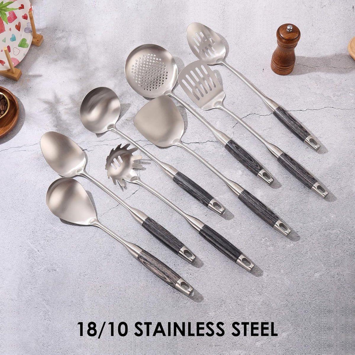 18/10 Stainless Steel Kitchen Utensils Set with Wooden Handle, 8Pcs 15” Long Cooking Utensil Set & Kitchen Gadgets Cookware Set, Serving Utensils-Spatula, Turner, Pasta, Serving Spoon, Skimmer, Ladle