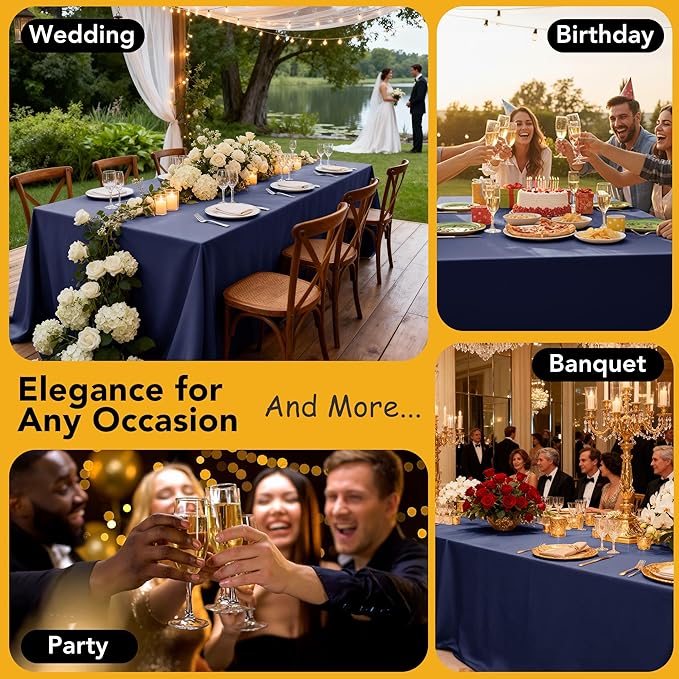 6-Pack Navy Blue Tablecloths for Rectangle Tables, 90 x 156 Inches, Stain-Resistant Polyester Fabric for 8 Foot Tables - Washable Table Covers for Weddings, Banquets, Birthday Parties, Events