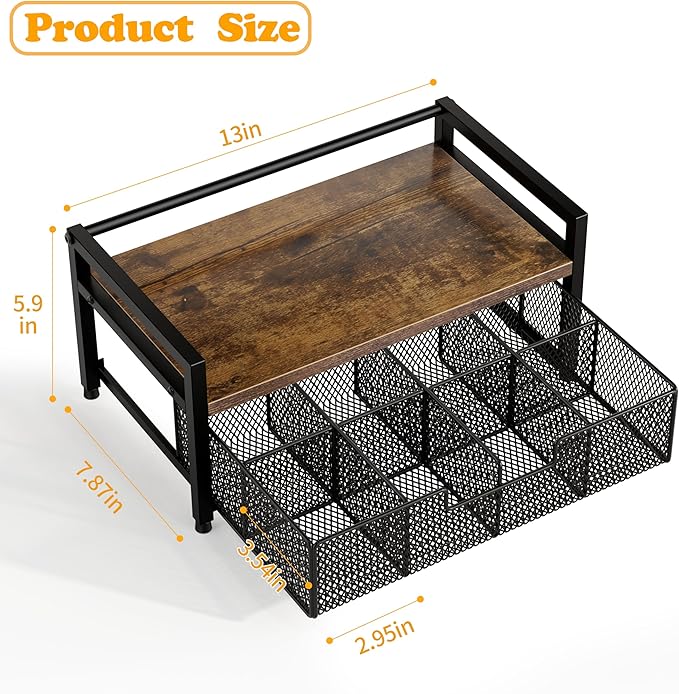 Tea Bag Organizer, Tea Bag Holder with Drawer, Wood and Metal Tea Organizers and Storage Chest for Countertop Kitchen, Office, Rustic Brown