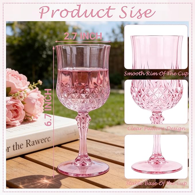 Plastic Wine Glasses, Plastic Goblets Vintage Style Cordial Unbreakable Drinking Glasses, Reusable Drinkware for Wedding Reception, Grand Event Party Supplies (100, Pink)