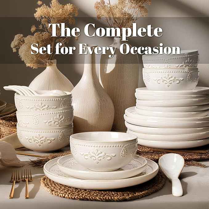 Artena Plates And Bowls Sets, 24 Pieces Dinnerware Sets, Dish Set For 6, Ceramic Kitchen Bowl And Plate Set, Embossed White Dishware Sets, Dishwasher & Microwave Safe (Damask Floral)