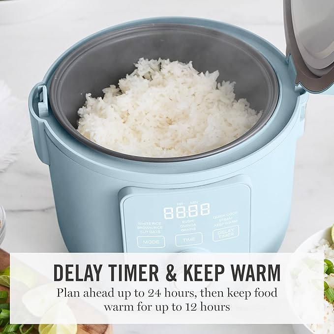 Martha Stewart Rice Cooker, 4 Cup (Uncooked) / 8 Cup (Cooked), Ceramic Non-Stick Removable Pot, Keep Warm, Measure Markings, Steam Basket, Brown & Sushi Rice, Quick Cook, Quinoa, Grains, Oats, Sky Blue
