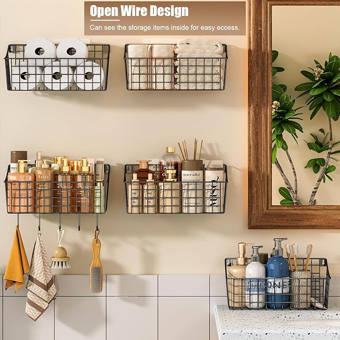 2 Pack Wall Hanging Baskets for Organizing, Large Metal Wire Basket with 5 Hooks+2 Strong Long Adhesive Hooks,Kitchen Hanging Mesh Organizer, Wall Mounted Bin for Kitchen, Bathroom, Bedroom,SUV,Garage