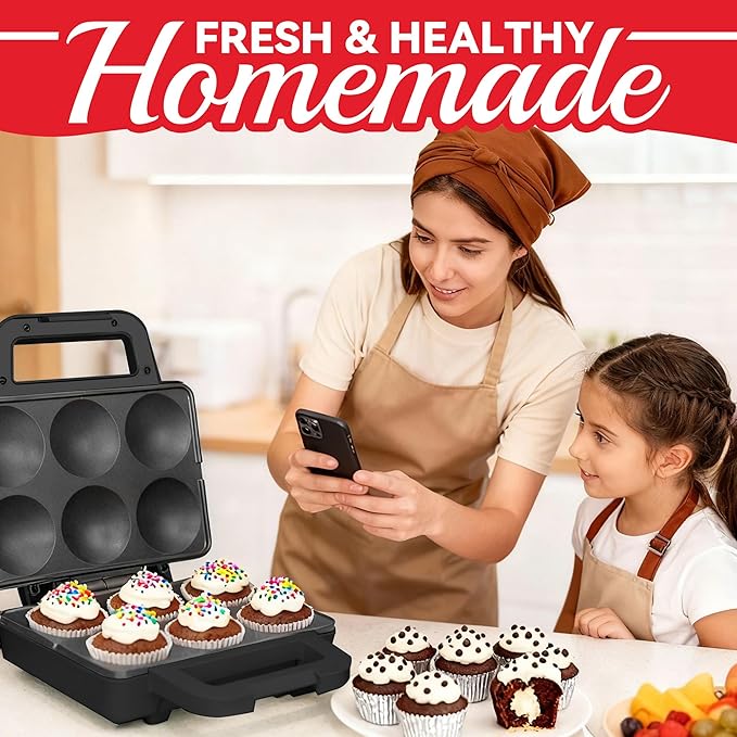 SugarWhisk 6-Count Cupcake Maker Machine, Bakes 6 X 2.5 Inch Cupcakes, Muffins, Pizza Cups, Cinnamon Buns, Cool-touch Handle, Non-stick Coating, Recipe Included, Graphite