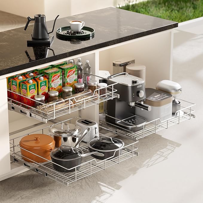 2 Tier Pull Out Cabinet Organizer 15" W X 17" D, Slide Out Drawers for Kitchen Cabinets, Pull Out Drawers for Cabinets Capacity Heavy Duty Caddy, Cabinet Pullout Shelves Chrome-Plated,Bathroom Pantry