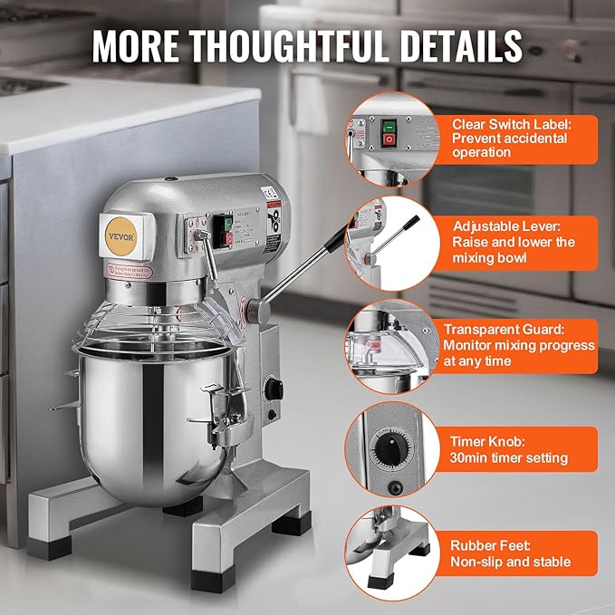 VEVOR Commercial Food Mixer 20Qt, Commercial Mixer with 3 Adjustable Speeds, 1100W Dough Mixer,Commercial Stand Mixer with Stainless Steel Bowl