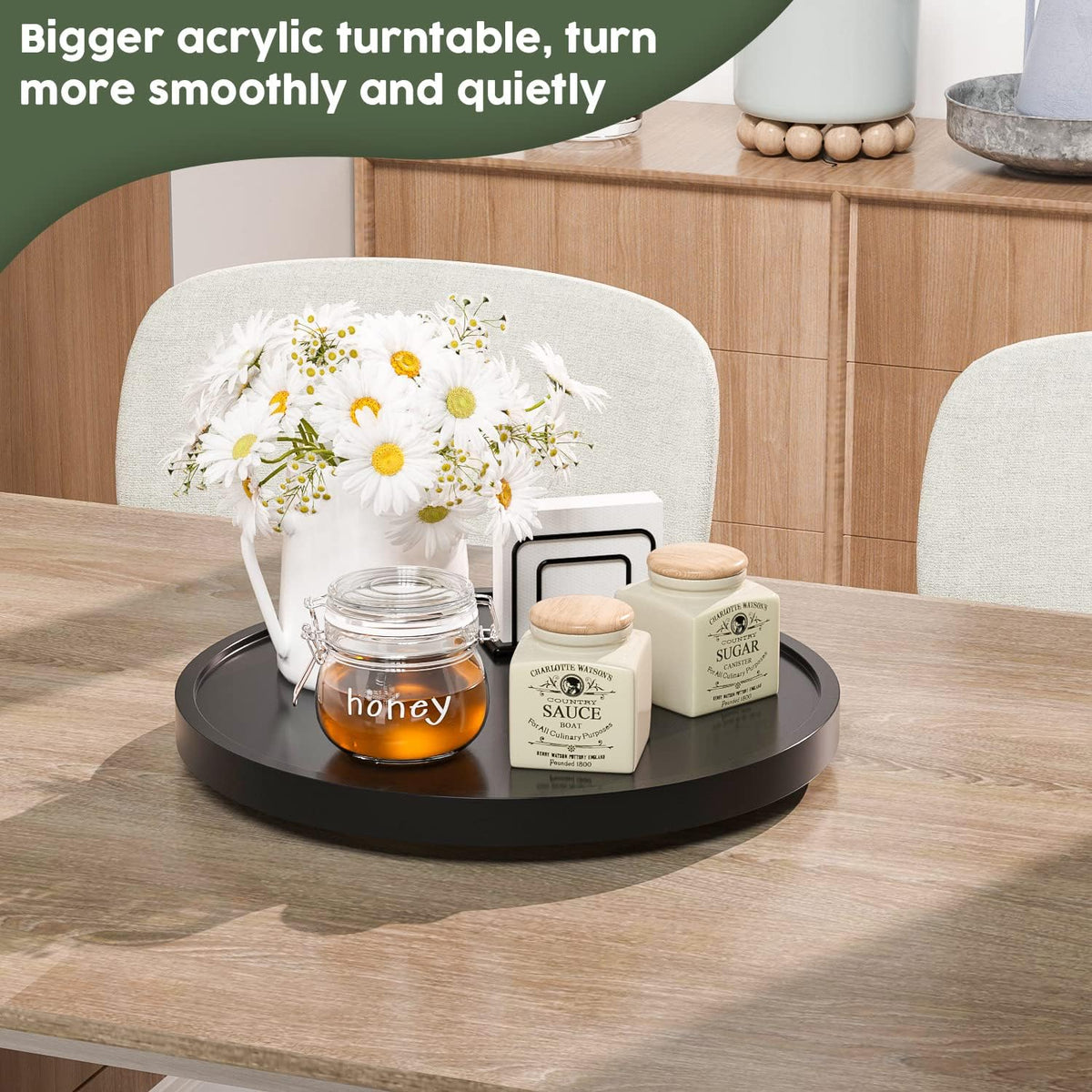 Lazy Susan for Table, 12 Inch Non-Skid Bamboo Turntable Organizer for Salt Pepper Spices and Olive Oil Next to Stove, Wooden Rotating Tray for Kitchen Countertop Organizer Black