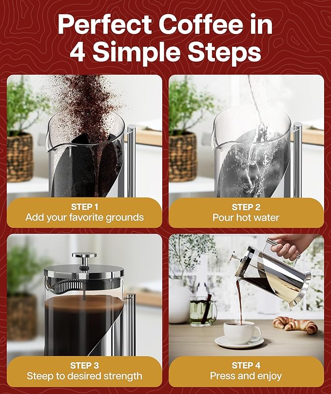 Cafe Du Chateau Stainless Steel French Press Coffee Maker 34 oz – Insulated Coffee Press with 4-Level Filtration, Manual Brewer for Tea, Camping & Travel, BPA-Free Glass (Pack of 2)