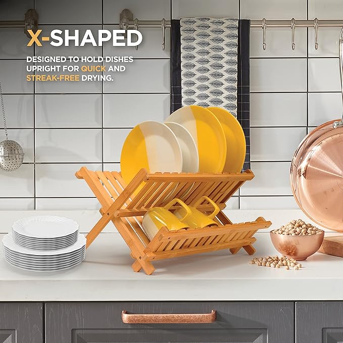 Bamboo Dish Rack and Expandable Drawer Organizer Set Bundle
