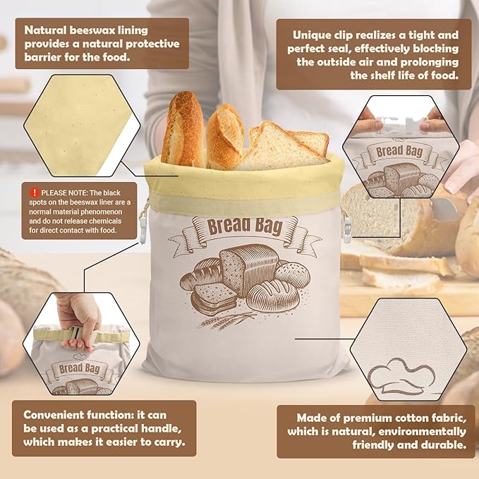 Cotton Beeswax Bread Bag(1Pack) Reusable Double-Lock Freezer Safe for Homemade Sourdough Bread Food Storage Gifts for Sourdough Bakers (Pattern 2)
