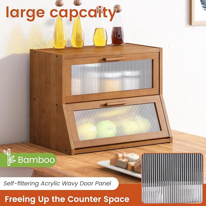 GHWIE Double Layer Bamboo Bread Box for Kitchen Counter,Large Capacity Bread Storage Bin,Bread Container with Acrylic Wavy Door Panel (Brown, Medium)